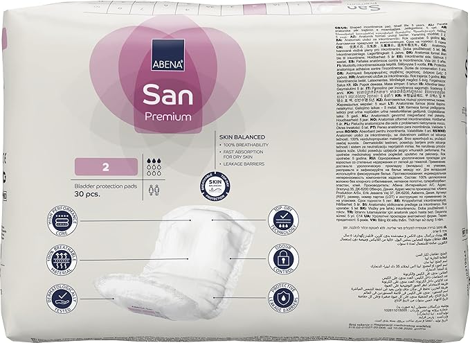 Abena San Premium Incontinence Pads, Light Absorbency, (Sizes 1 to 3A), Size 2, (Pack of 1, 30 Count Total)