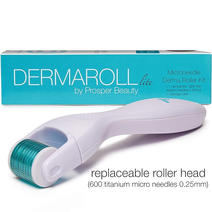 Derma Roller Microneedle Kit [DERMAROLL LITE 0.25mm by Prosper Beauty] Face Roller with Replaceable Head Exfoliation Microdermabrasion Micro Derma Skin Care Tool Dermaplaning Microneedling